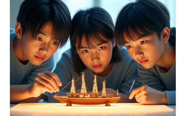 伝統漁船の模型を興味深そうに見つめる地元の若い学生グループ