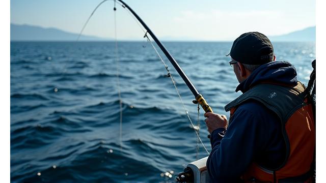 相模湾の深海調査船から釣り糸を垂らし、真剣に海中を見つめるプロフェッショナルな釣り人の様子。