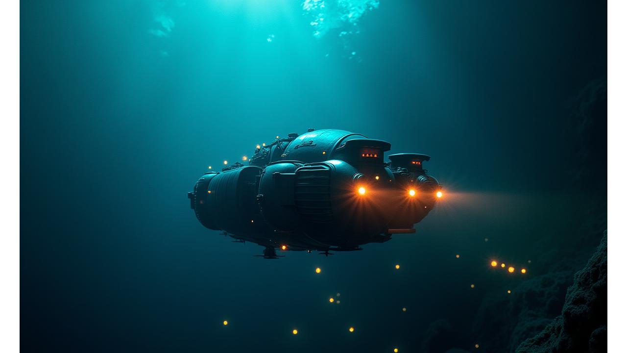 深海探索用ROVが深海を照らす光景