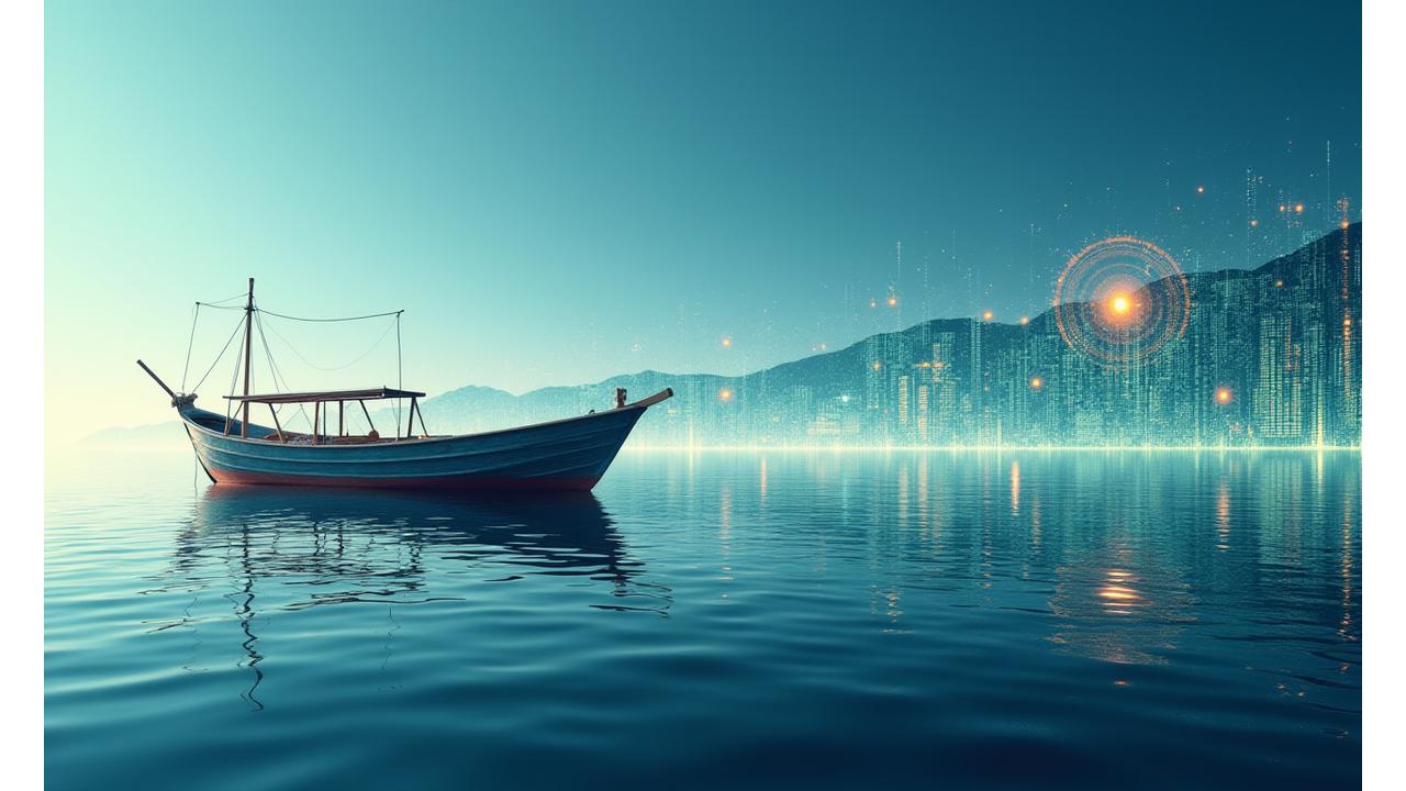 光るデータ層と漁船が融合する未来的な漁業のイメージ