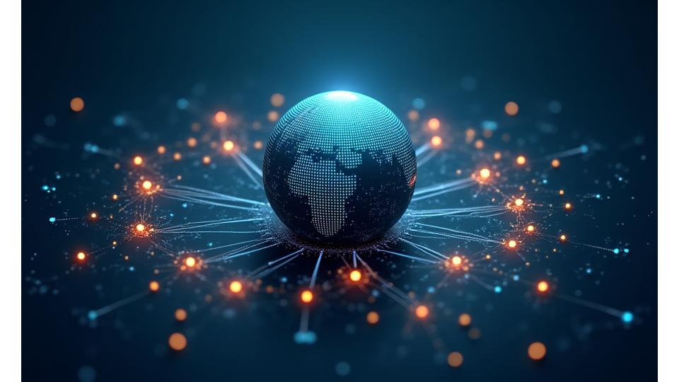 地球儀を中心にしたグローバルな研究協力ネットワークが描かれており、各国の主要な海洋研究機関や国際機関が光の線で繋がり、共同研究のロゴやアイコンが配置。