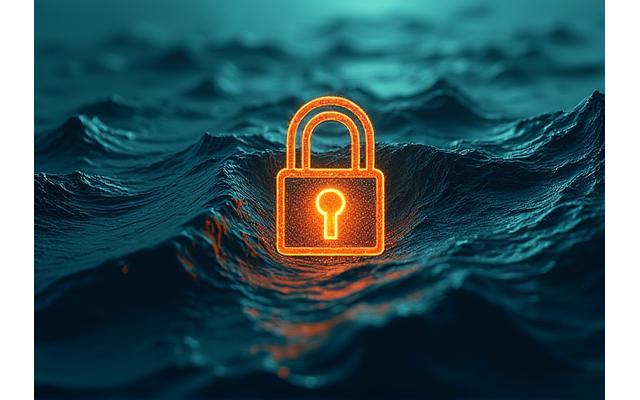 デジタルロックと波の模様が組み合わさったセキュリティの抽象的なイメージ