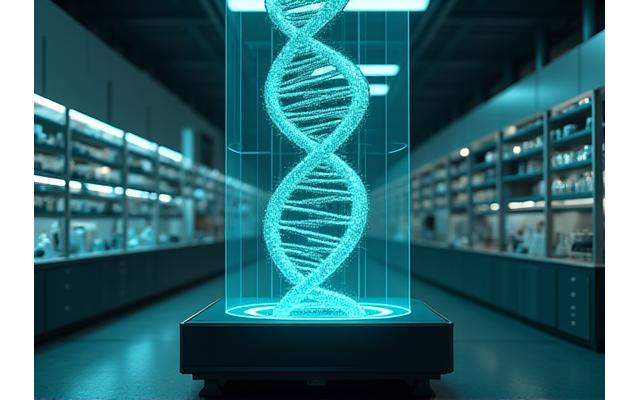 研究室で次世代シーケンサーが稼働しており、DNAの二重らせん構造のホログラムが上部に浮かび上がっている