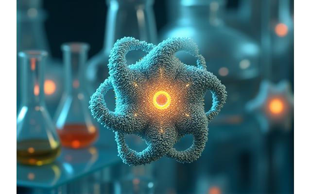 分子構造が複雑に絡み合った耐熱性酵素の3Dモデルが、試験管とフラスコのバックグラウンドで浮かび上がる